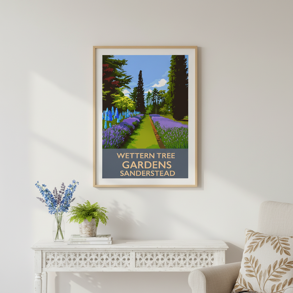 Framed retro travel poster art print of Western Tree Gardens delphinium border Sanderstead on a wall above a white console table with decorative items.