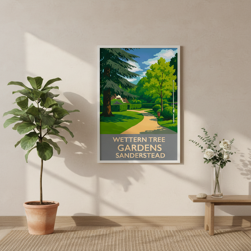 Framed retro travel poster art print of Wettern Tree Gardens Sanderstead Croydon Surrey on a wall with a plant and table in the foreground.