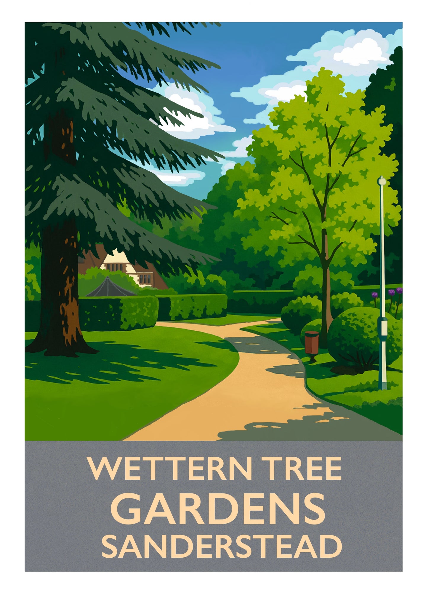 retro travel poster art print of Wettern Tree Gardens Sanderstead Surrey Croydon