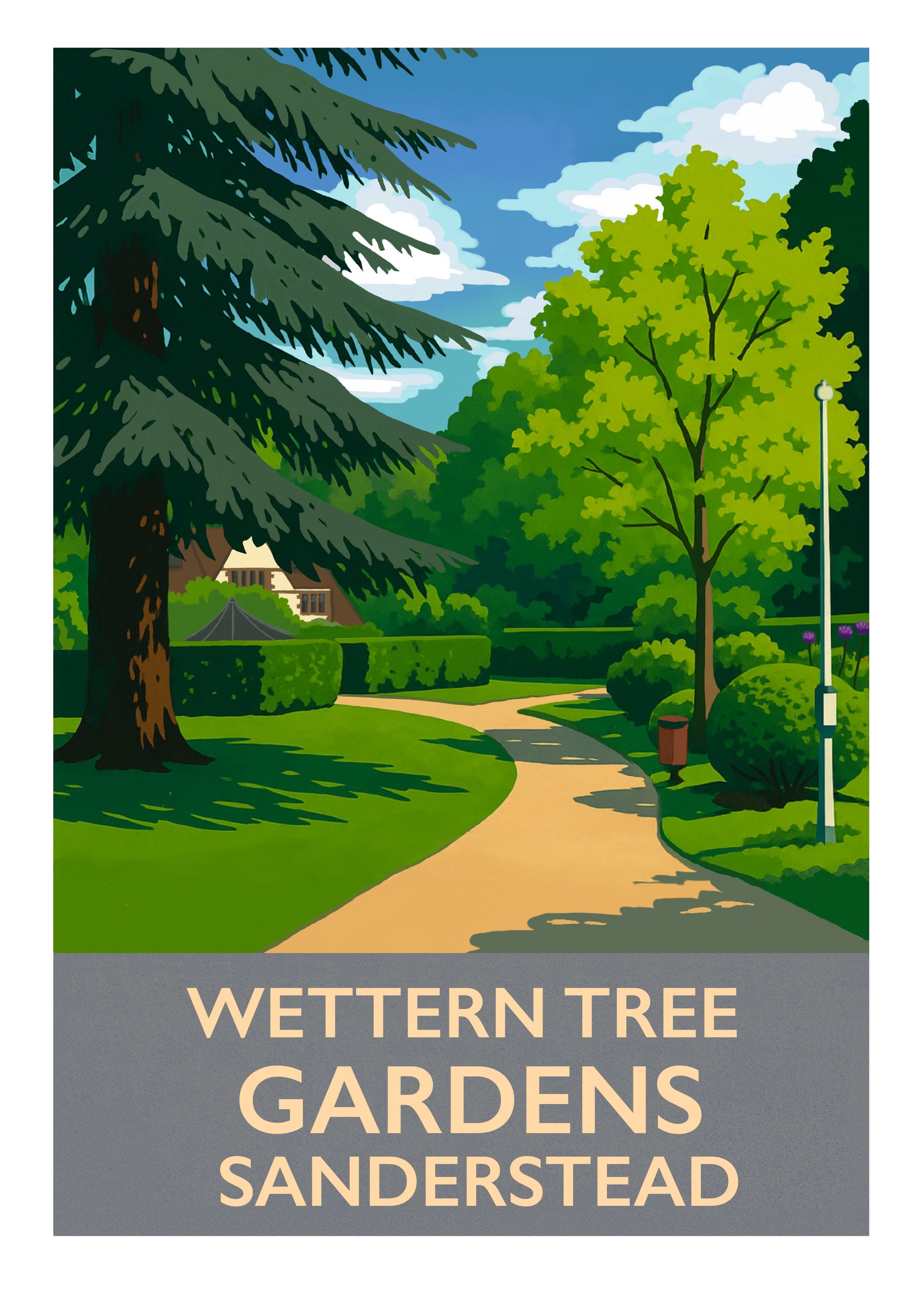 retro travel poster art print of Wettern Tree Gardens Sanderstead Surrey Croydon