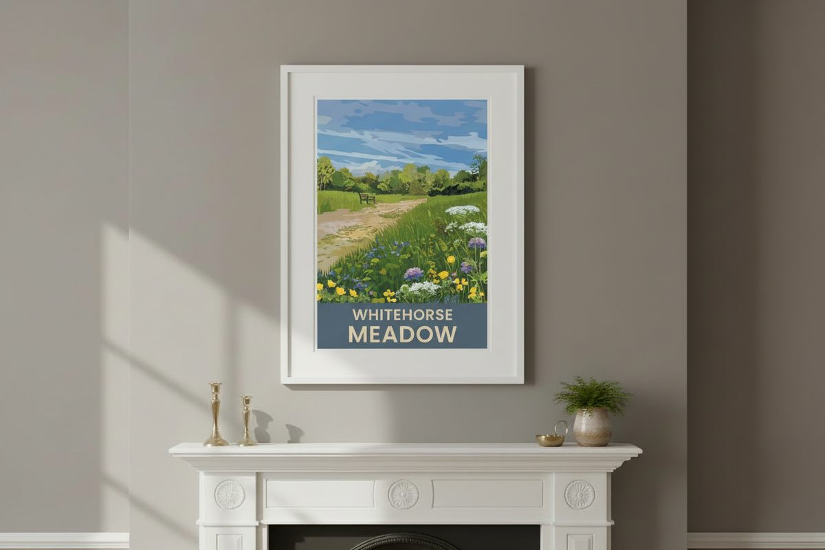 Whitehorse Meadow print in a white frame above an ornate Victorian fireplace
